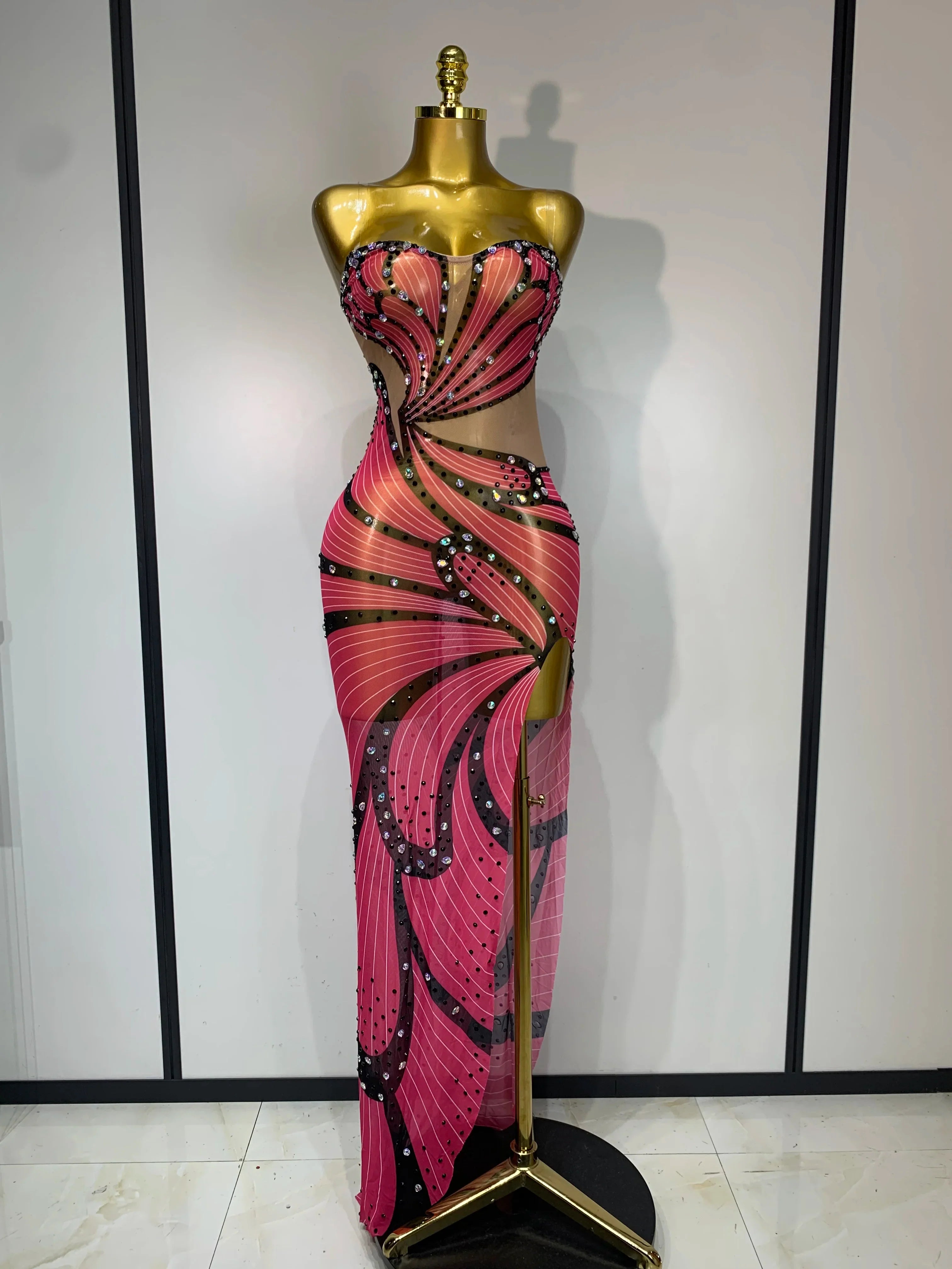 Women Sexy Backless Sparkly Rhinestones Mesh See Through Maxi Dress Luxury Birthday Singer Stage Costume Evening Party Vestido Watermelon red