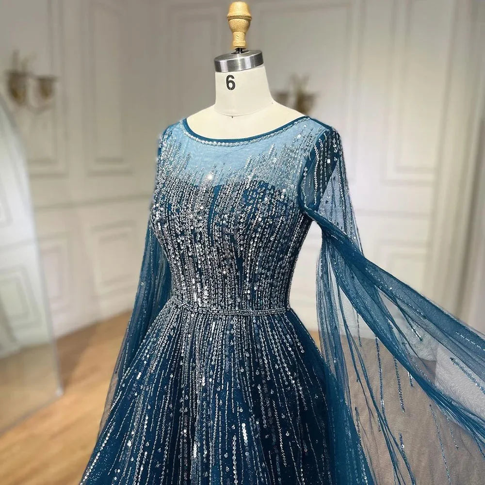 Zapdress Blue Cape Sleeves A-Line Beaded Evening Dresses Customized Party Gowns for Women DLA72248A (ZD17176)
