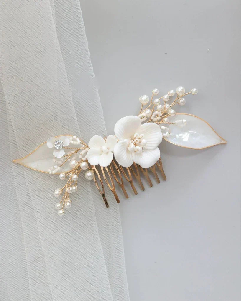 Bridal Jewelry Porcelain Flower Hairpin Gold Color Head Piece For Bridesmaids Bride Pearl Hair Comb Pin Clip Wedding Accessories
