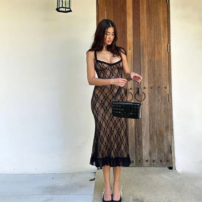 Mesh Lace Plunge Neck Midi Dress - View 5 | VelvetHem