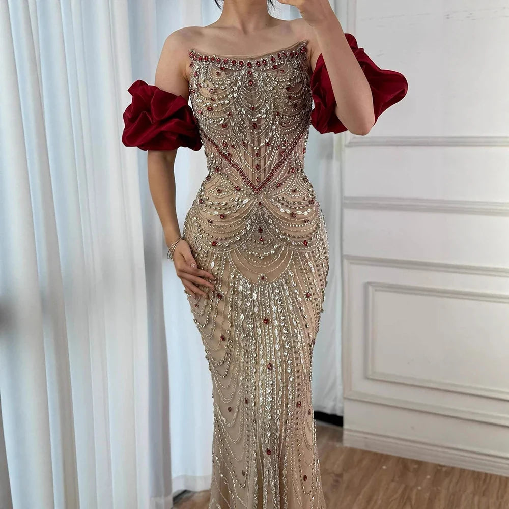 Luxury Beaded Evening Dresses with Elegant Puff Sleeves Pearl Beaded Adorned Design Zapdress DLA72903 Customized (ZD17265)