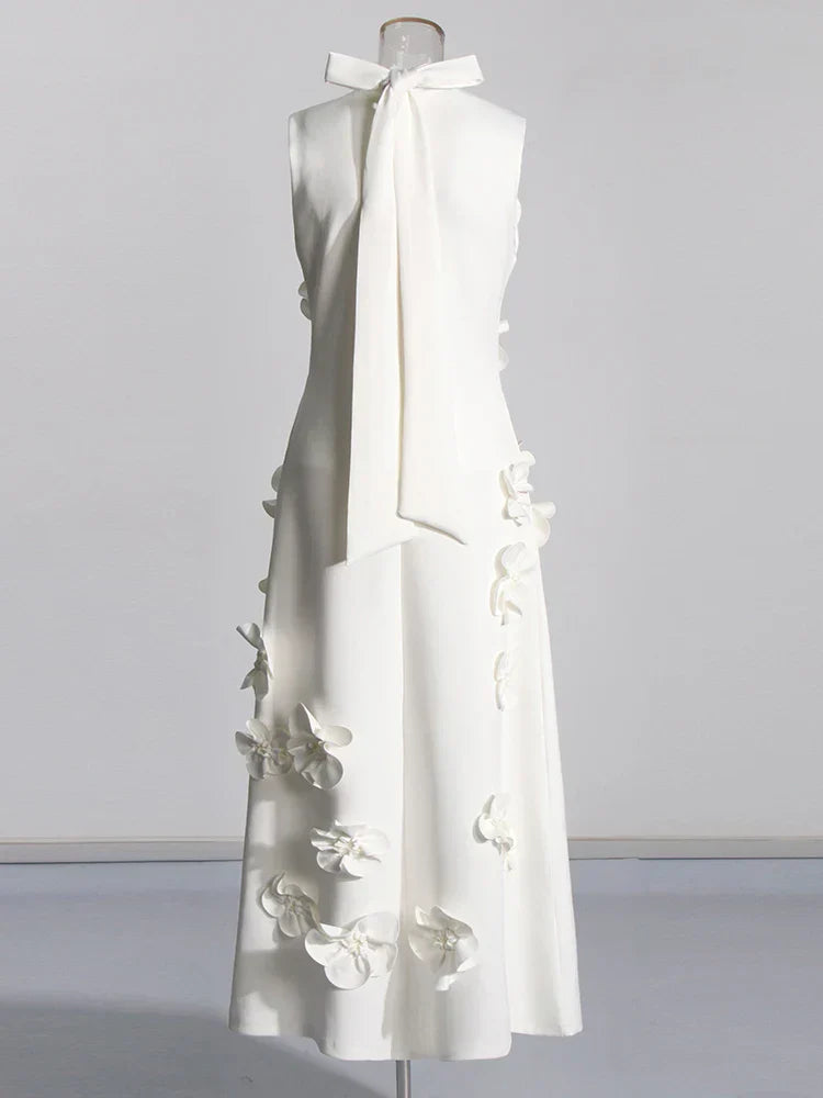 3D Flower Appliqué Mock Neck Midi Dress