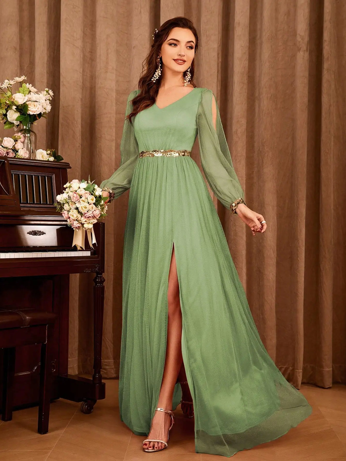 Gauze Applique Slit V-neck Maxi Dress - View 5 | VelvetHem