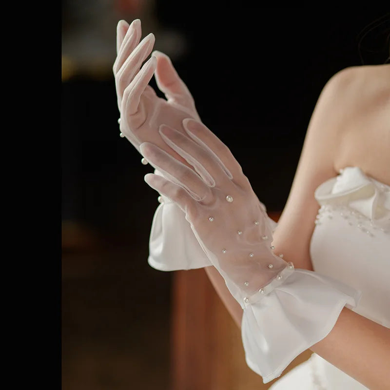 Short Bridal Gloves White Pearl Wristband Wedding Glove For Women Girl Party Evening Dress Jewelry Bride Accessories a