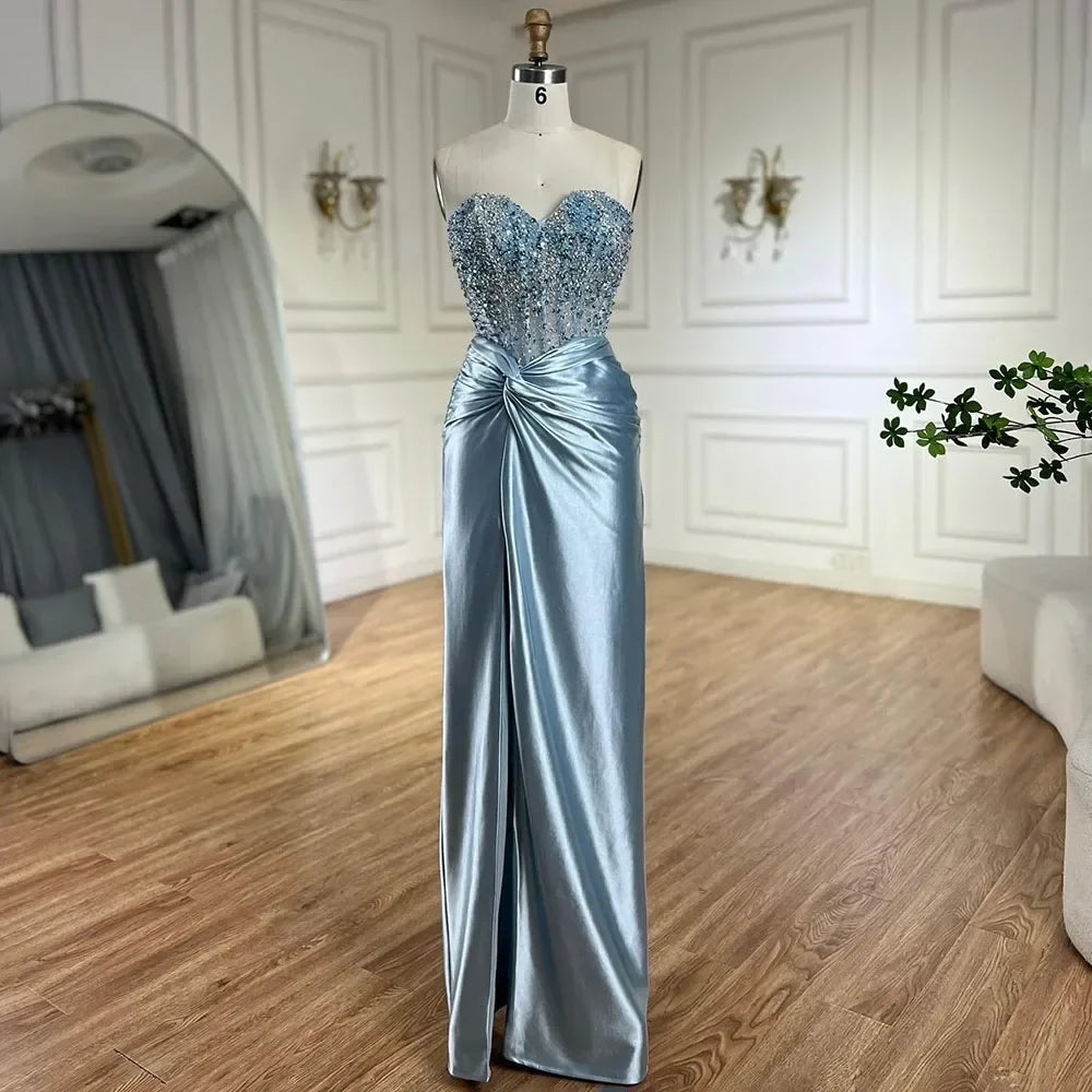 Zapdress Customized Lilac Satin Split Strapless Mermaid Evening Dresses Beaded Party Gowns for Women Bridesmaid (ZD17313)