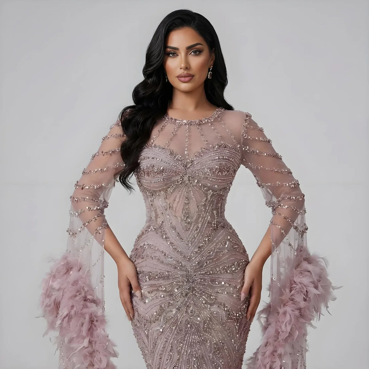 Zapdress Pink Luxury Beaded Mermaid Evening Dress Gowns with Feathers for Formal Occasion Customized DLA72708A (ZD17284)