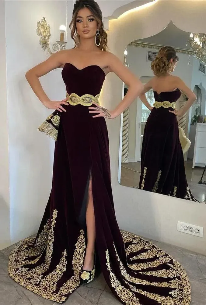 Elegant A-Line Evening Dress Strapless Lace Appliques Belt Prom Gown High Side Slit Floor Length Algerian Outfit