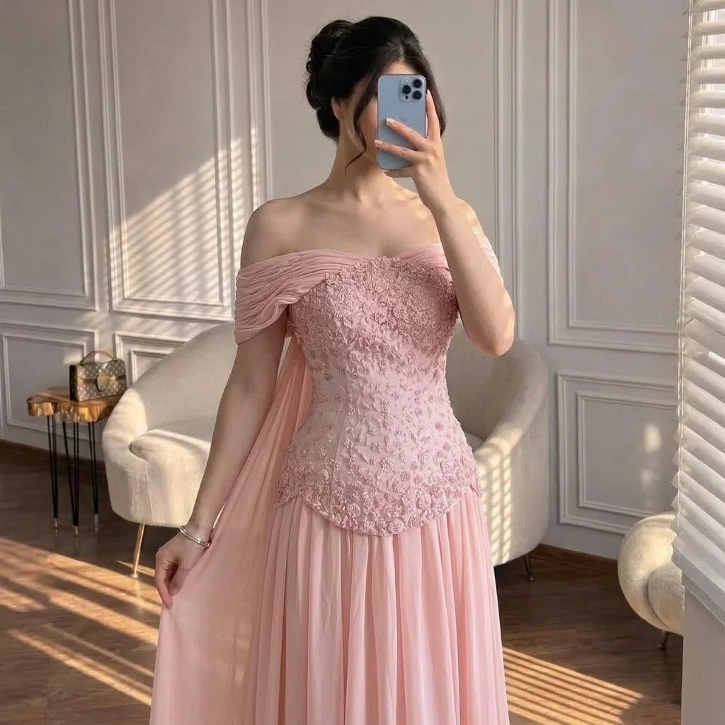 Zapdress Pink Chiffon Evening Dress 2026 Elegant Off-Shoulder Formal Party Gowns with Cape at the Back Customized (ZD17254)