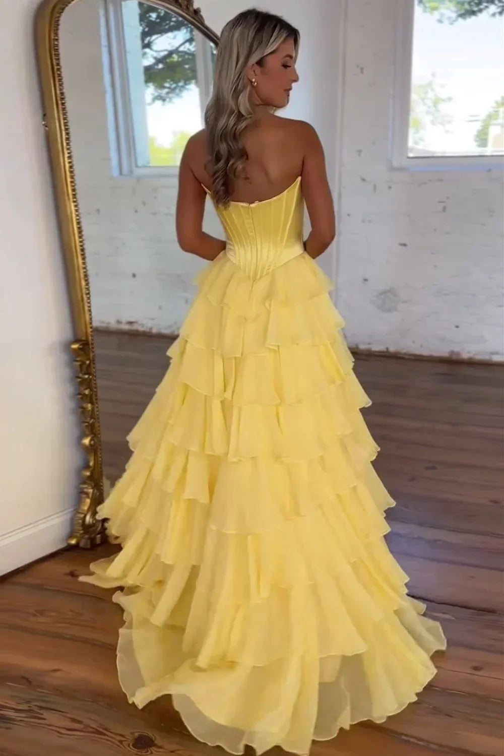 Cathy Strapless Tiered Ruffles A-line Prom Dress A-line Side Split vestidos de noiva Customized Zip Back Chiffon Evening Gown - View 5 | VelvetHem