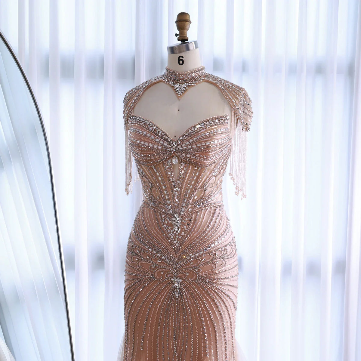 Zapdress Nude Luxury Beaded Evening Dress with Tassel Wedding Party Gowns for Women DLA72897B Customized (ZD17201)