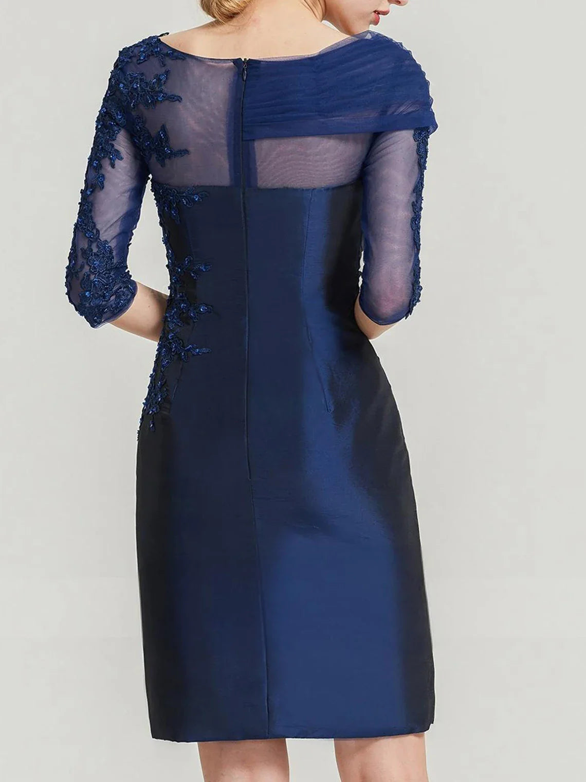 Mother Of The Bride Dress - Elegant Sheath Evening Dress Lace Taffeta Half Sleeve Scalloped Neck Knee-Length Beading Pleated Appliqued Free Customized