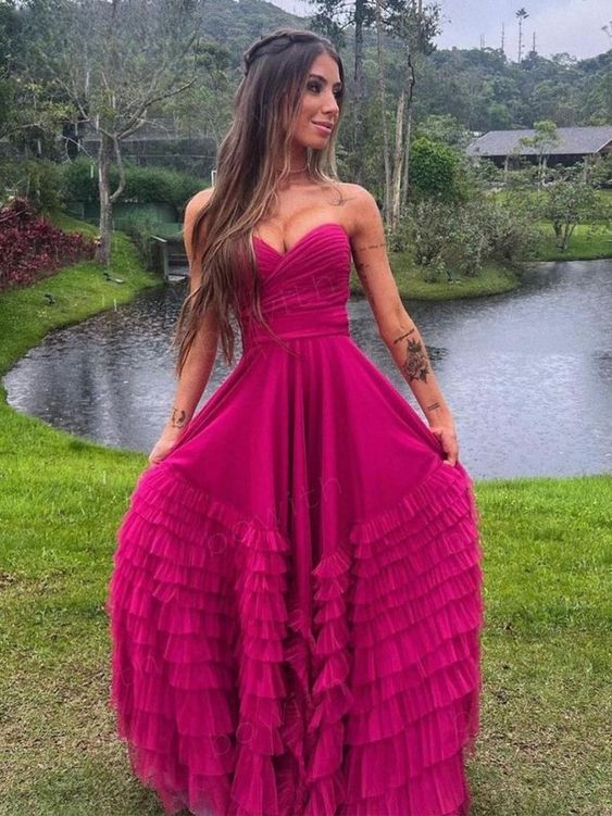 Pink Sweetheart Multilayer Prom Dress Strapless A-line Tulle Maxi Dress
