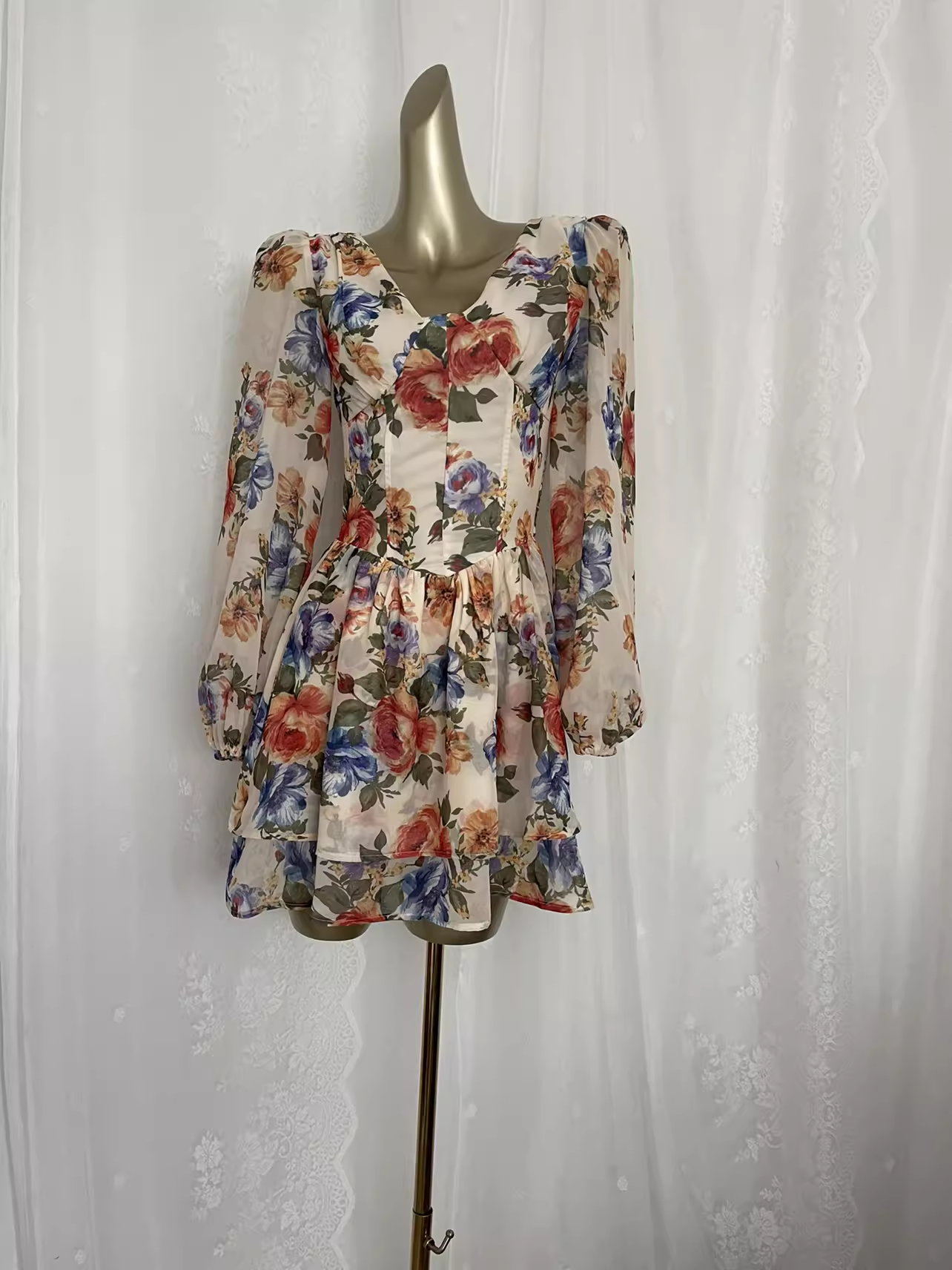 Vintage A line V Neckline Floral Chiffon Travel Vacation Floral Beach Dress Short Dress