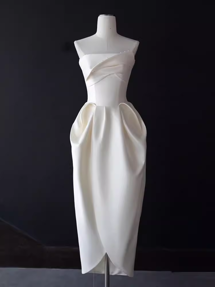 Sexy A line Strapless Satin White Tea Length Wedding Dresses Brides Dress