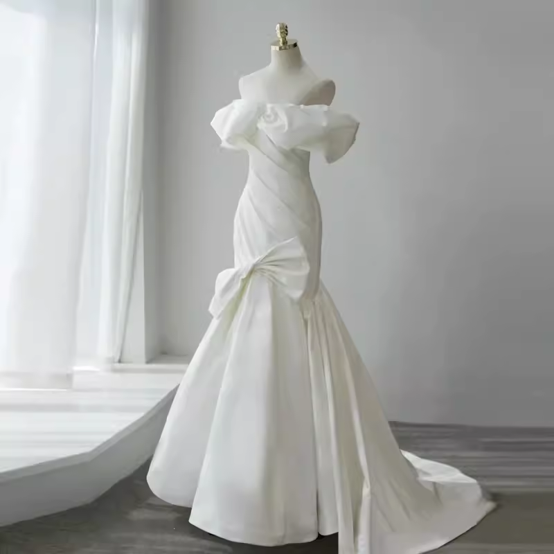 Sexy Mermaid Off The Shoulder Satin White Long Wedding Dresses Brides Dress