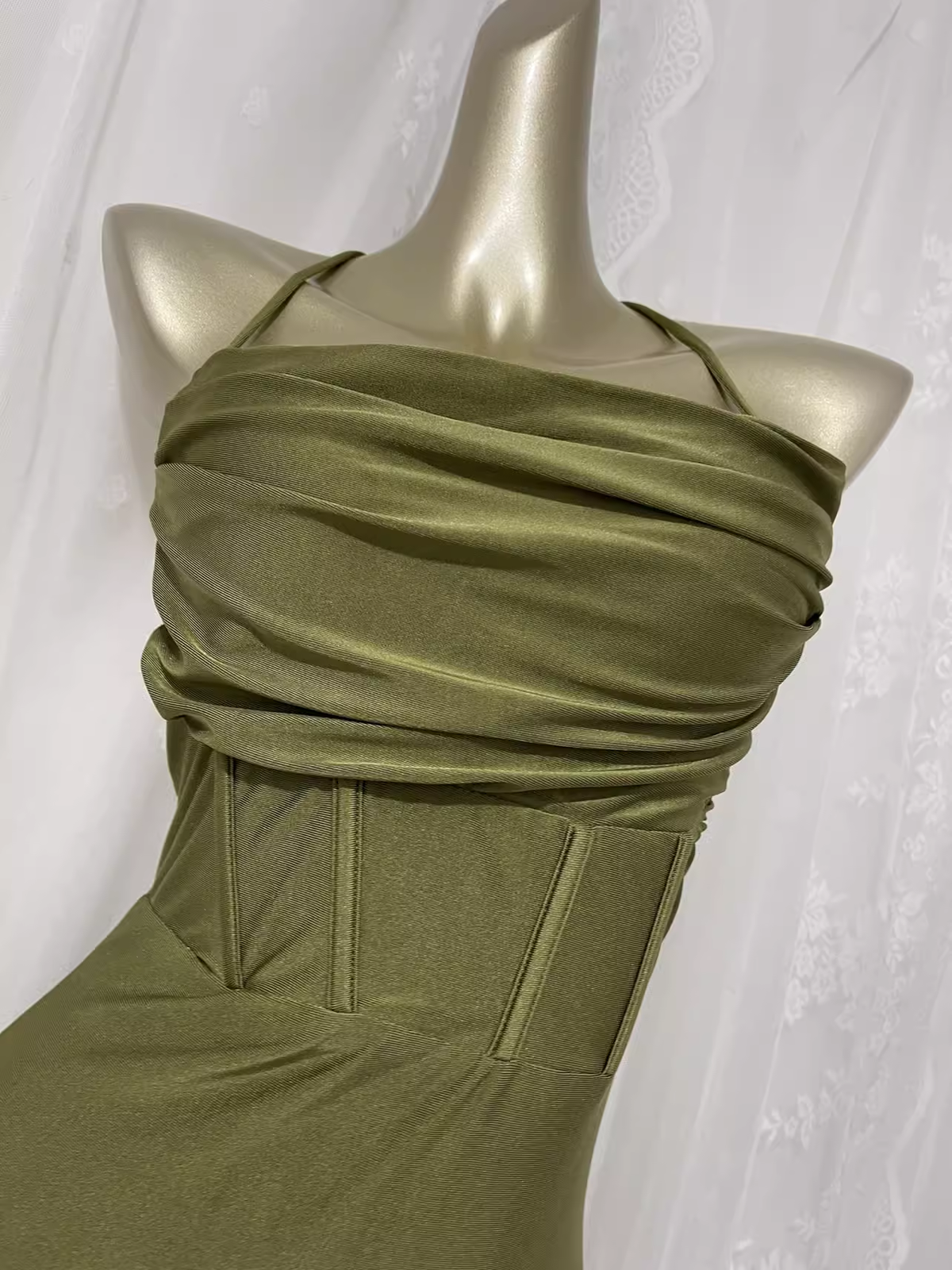 Simple Sheath Halter Green Long Vacation Dress Birthday Outfits - View 3 | FashionDia