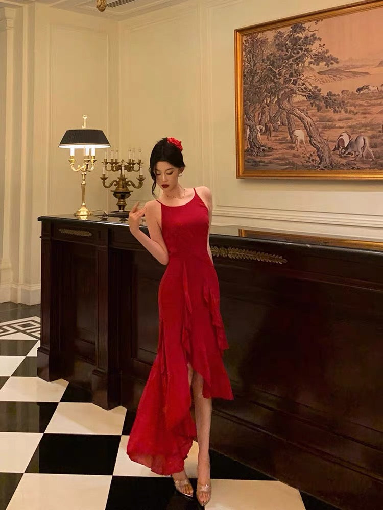 Classy High-Low Spaghetti Straps Red Long Prom Dresses Birthday Outfits Evening Gown - FashionDia
