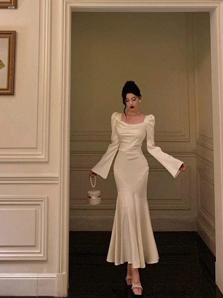 Classy Mermaid Square Neckline Long Sleeves Prom Dresses Birthday Outfits Evening Gown - View 5 | FashionDia