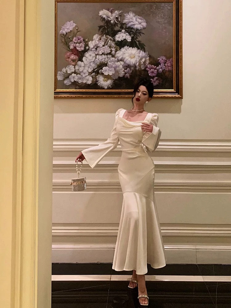 Classy Mermaid Square Neckline Long Sleeves Prom Dresses Birthday Outfits Evening Gown - View 4 | FashionDia