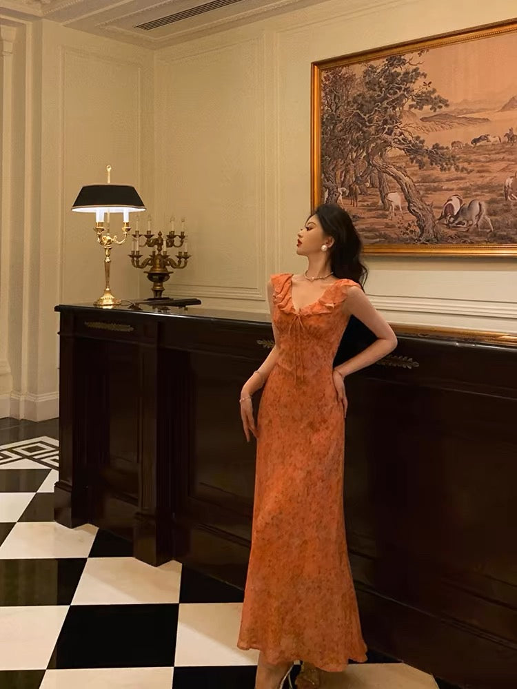 Classy A-Line V neckline Orange Chiffon Long Prom Dresses Birthday Outfits Evening Gown - FashionDia