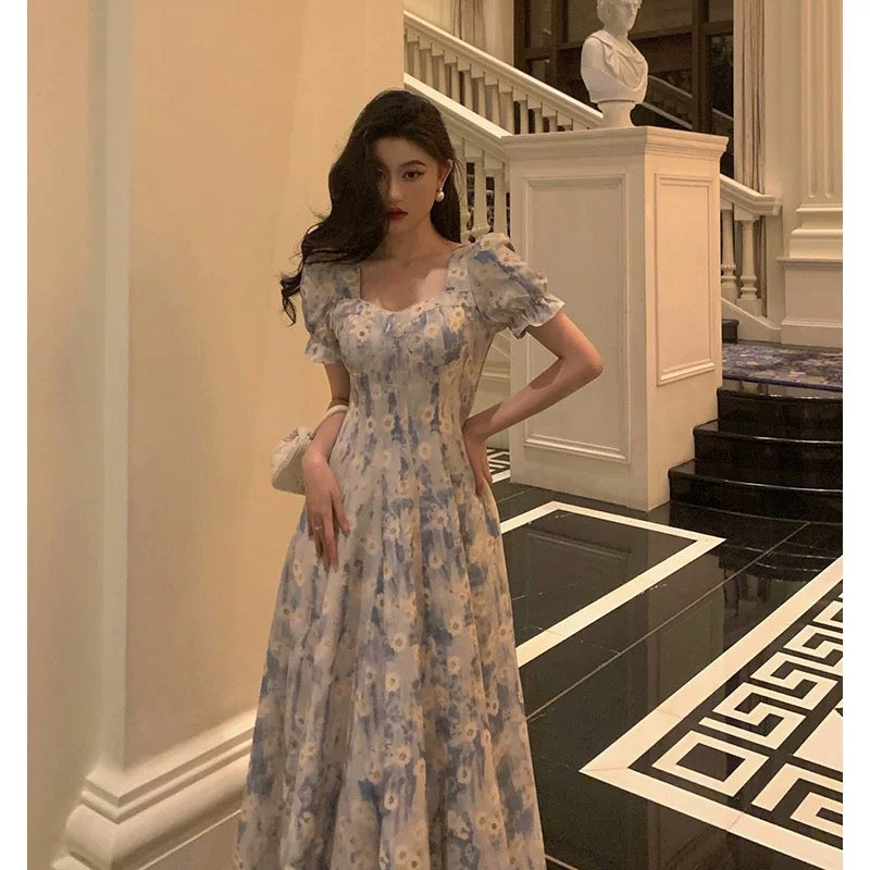 Classy A-Line Square neckline Blue Chiffon Long Prom Dresses Birthday Outfits Evening Gown - View 5 | FashionDia