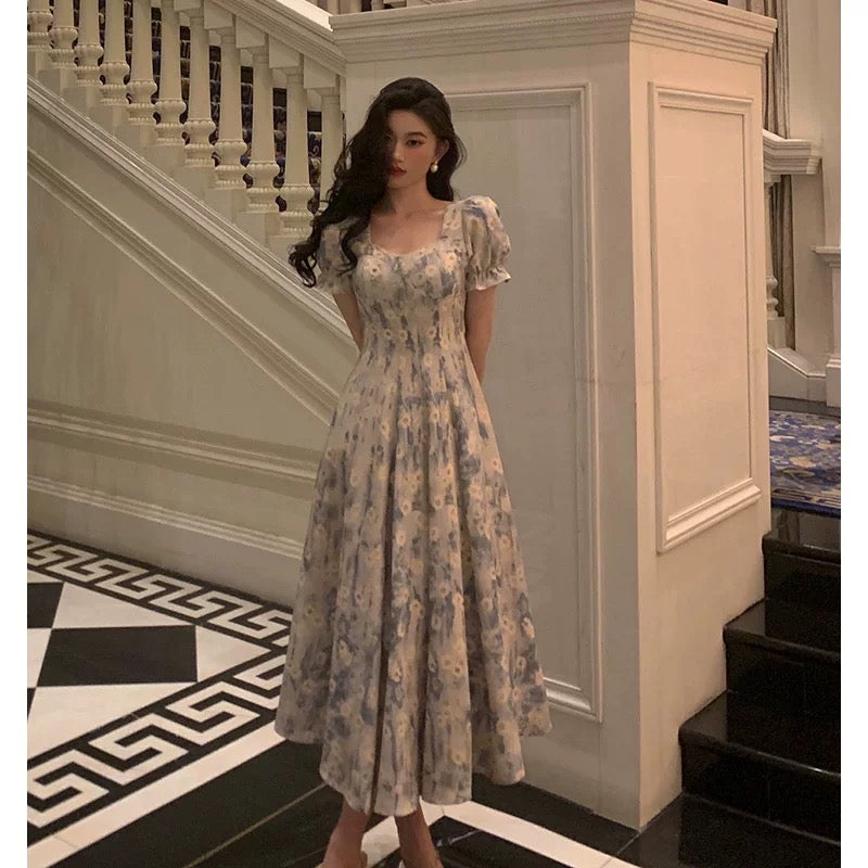 Classy A-Line Square neckline Blue Chiffon Long Prom Dresses Birthday Outfits Evening Gown - FashionDia