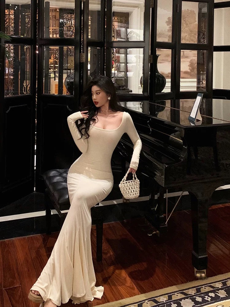 Sexy Sheath Square Neckline Ivory Long Prom Dresses Birthday Outfits Evening Gown