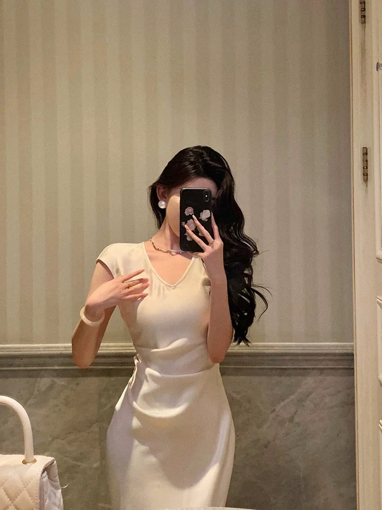 Classy Sheath V Neckline Ivory Satin Prom Dresses Birthday Outfits Evening Gown - View 4 | FashionDia