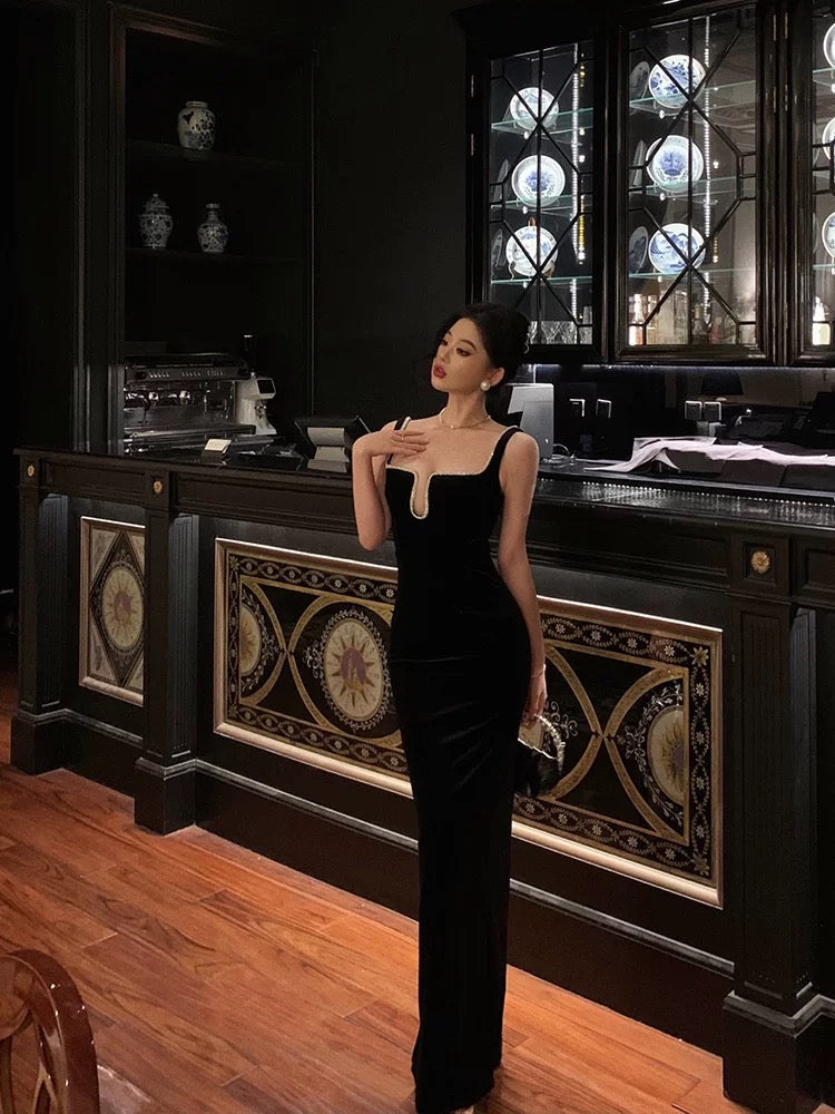Gorgeous Mermaid Square Neckline Black Date Night Dress Long Prom Dresses Birthday Outfits