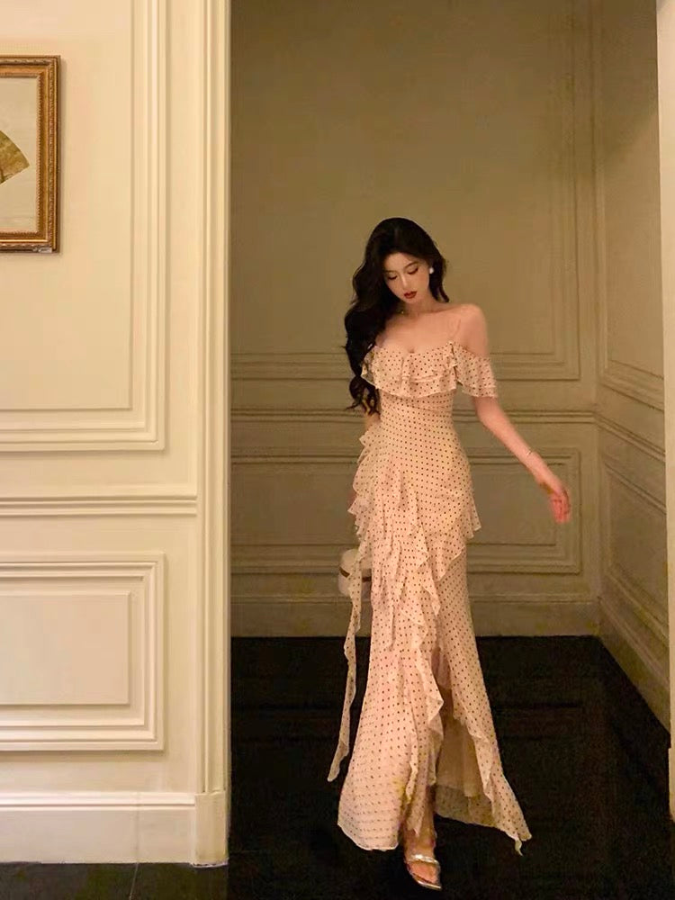 Classy Sheath Spaghetti Straps Floral Long Slit Prom Dresses Birthday Outfits Evening Gown - FashionDia