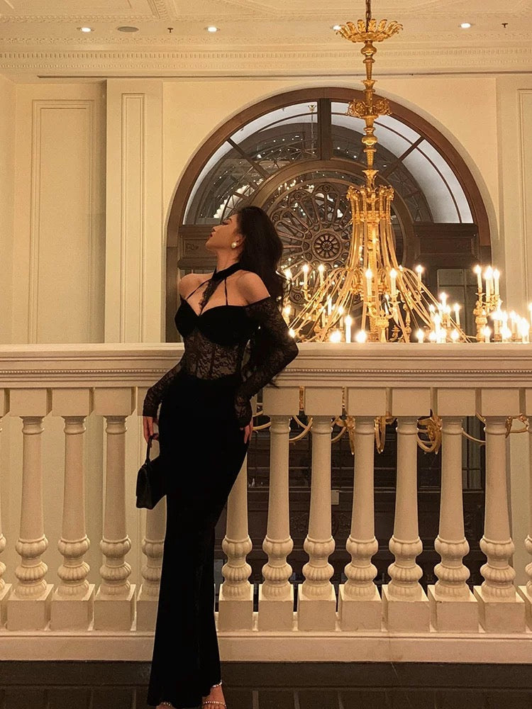 Sexy French Sheath Off The Shoulder Black Lace Prom Dresses Birthday Outfits Evening Gown