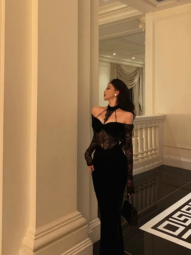 Sexy French Sheath Off The Shoulder Black Lace Prom Dresses Birthday Outfits Evening Gown