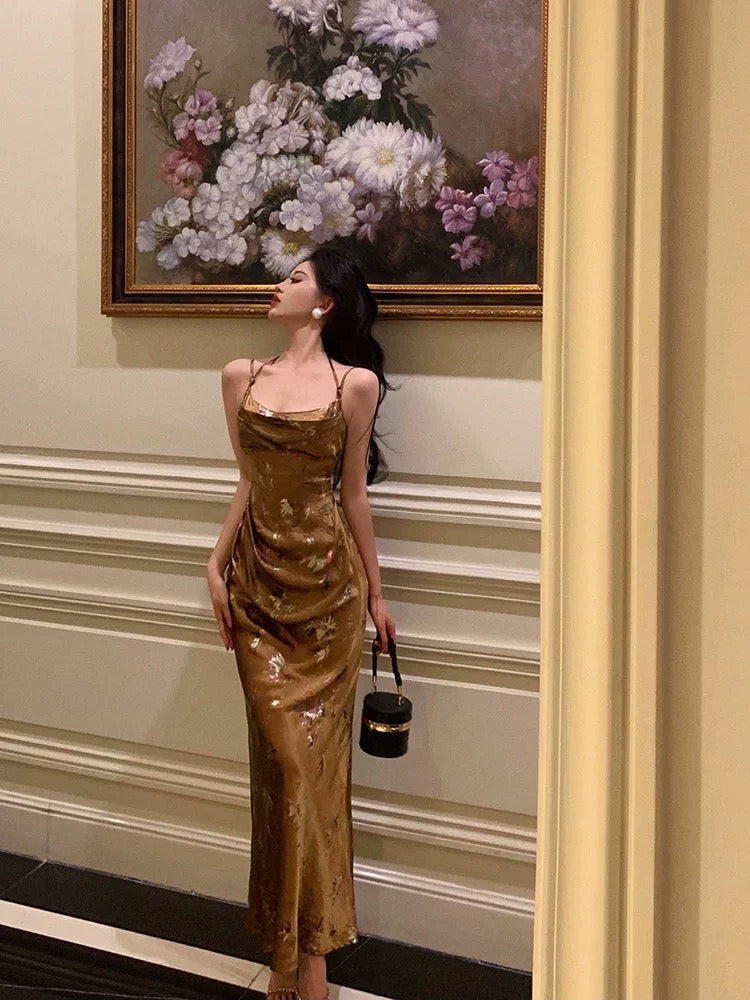 Gorgeous Sheath Straps Gold Satin Date Night Dress Long Prom Dresses Birthday Outfits