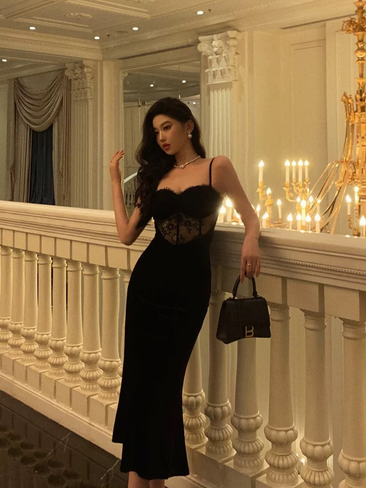 Gorgeous Sheath Spaghetti Straps Black Lace Date Night Dress Long Prom Dresses Birthday Outfits