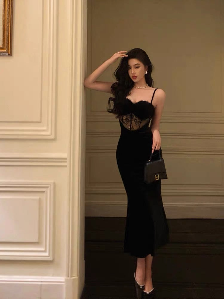 Gorgeous Sheath Spaghetti Straps Black Lace Date Night Dress Long Prom Dresses Birthday Outfits