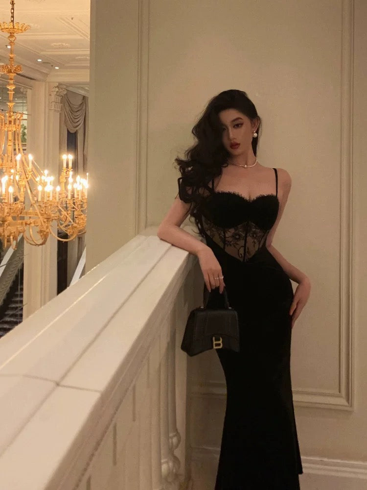 Gorgeous Sheath Spaghetti Straps Black Lace Date Night Dress Long Prom Dresses Birthday Outfits