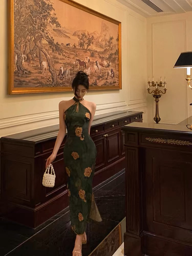 Classy Sheath Halter Green Slit Prom Dresses Birthday Outfits Evening Gown - FashionDia