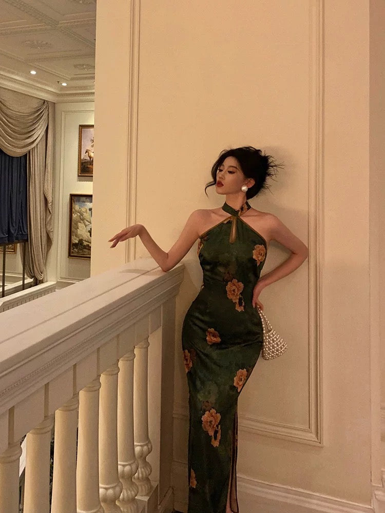 Classy Sheath Halter Green Slit Prom Dresses Birthday Outfits Evening Gown - View 2 | FashionDia