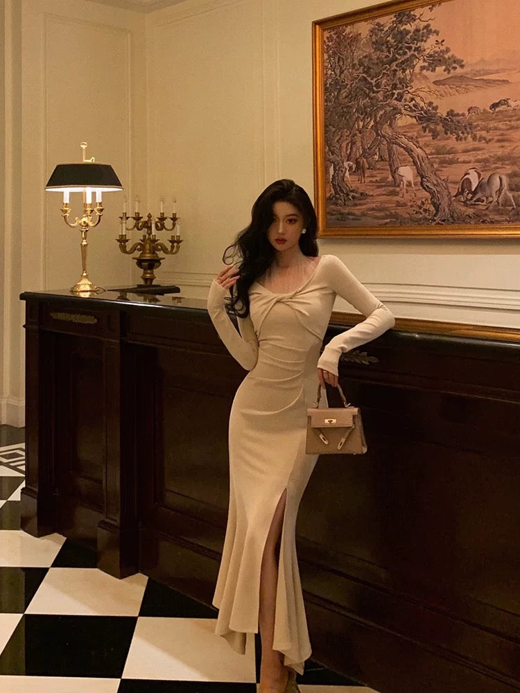 Classy Mermaid Long Sleeves Ivory Slit Prom Dresses Birthday Outfits Evening Gown - View 4 | FashionDia