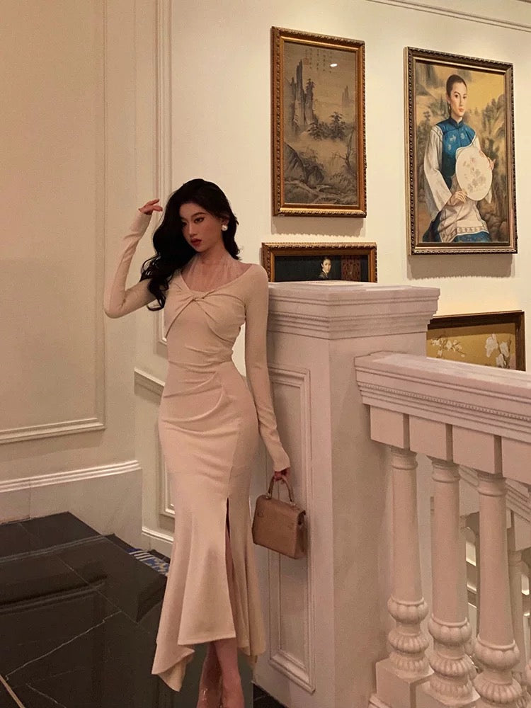Classy Mermaid Long Sleeves Ivory Slit Prom Dresses Birthday Outfits Evening Gown - View 5 | FashionDia