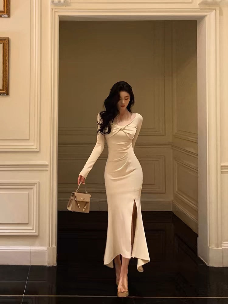 Classy Mermaid Long Sleeves Ivory Slit Prom Dresses Birthday Outfits Evening Gown - FashionDia