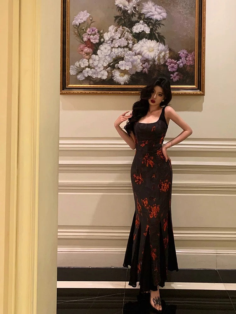 Classy Sheath Straps Black Floral Prom Dresses Birthday Outfits Evening Gown - View 4 | FashionDia