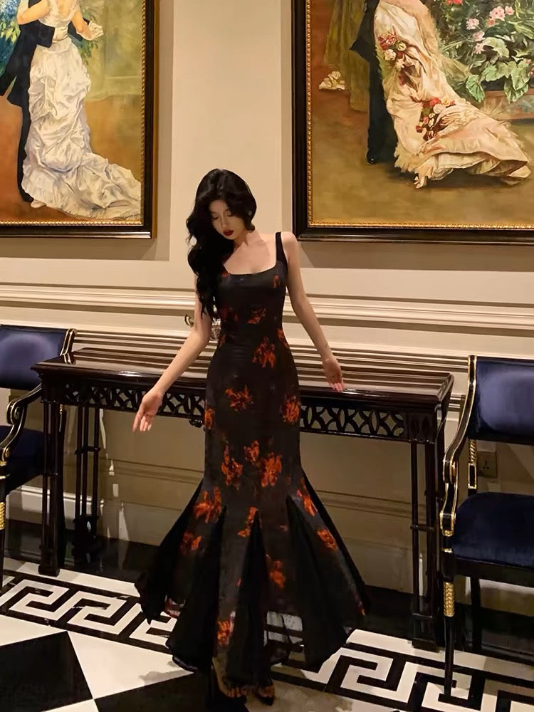 Classy Sheath Straps Black Floral Prom Dresses Birthday Outfits Evening Gown - FashionDia