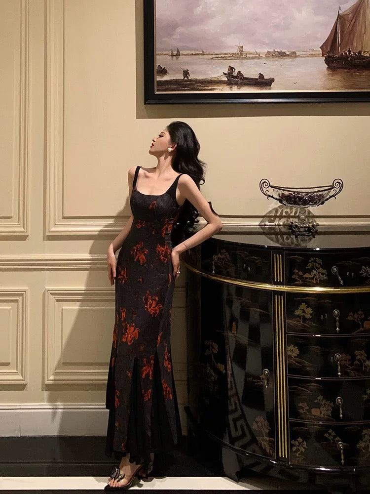 Classy Sheath Straps Black Floral Prom Dresses Birthday Outfits Evening Gown - View 2 | FashionDia