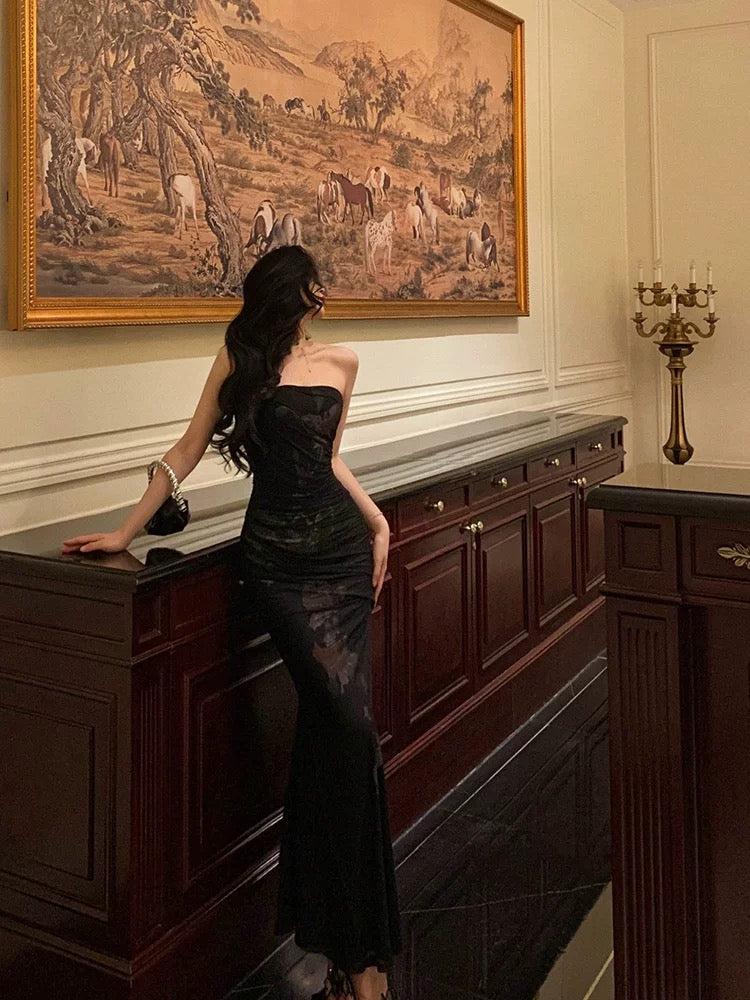 Classy Sheath Strapless Black Floral Prom Dresses Birthday Outfits Evening Gown - View 4 | FashionDia