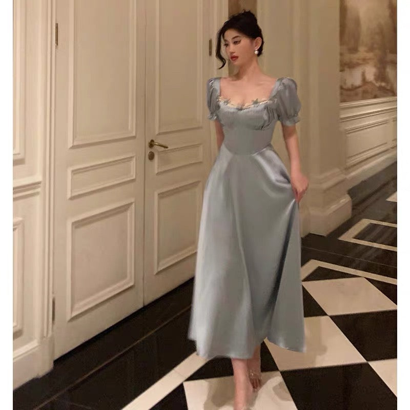 Classy A-Line Sweetheart Blue Satin Prom Dresses Birthday Outfits Evening Gown - FashionDia