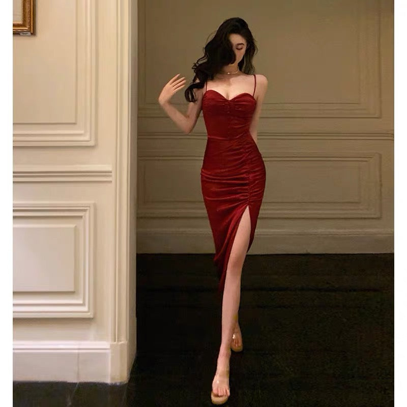 Classy Sheath Spaghetti Straps Burgundy Prom Dresses Birthday Outfits Evening Gown - FashionDia