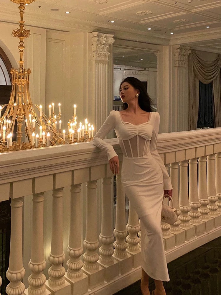 Classy Sheath Long Sleeves White Prom Dresses Birthday Outfits Evening Gown - FashionDia