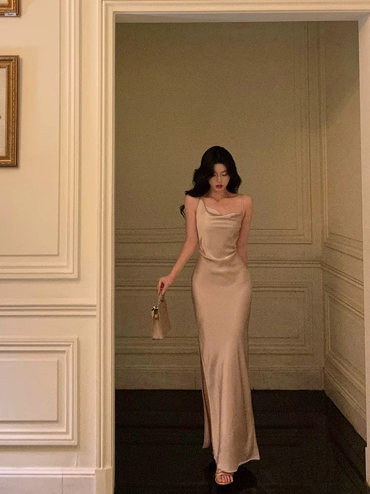 Sexy Sheath Straps Champagne Slit Prom Dresses Long Birthday Outfits