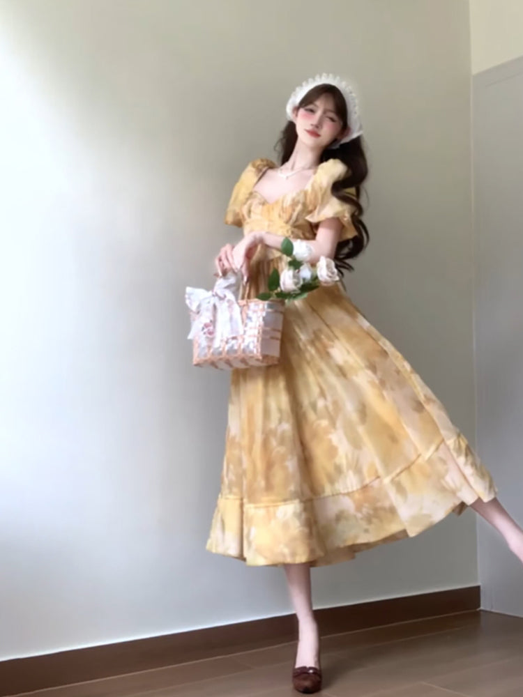Sexy French A line Square Neckline Yellow Holiday Dress Floral Birthday Dresses Birthday Outfits